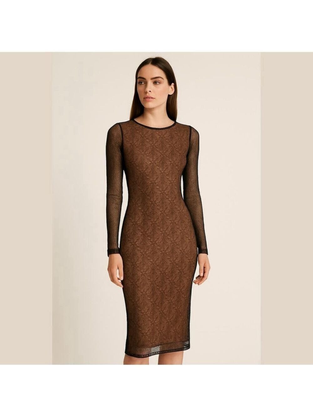NWT Versace Jeans Couture Dress Black Lace Mesh Midi Bodycon Sheer Sleeve US 4